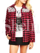 Shein Red Black Plaid Contrast Lace Embroidered Pockets Blouse