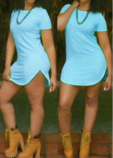 Rosewe Side Slit Short Sleeve Sky Blue Shift Dress