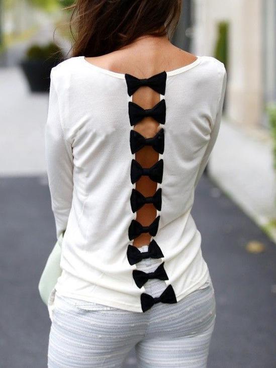 Shein White Round Neck Bow Back Blouse