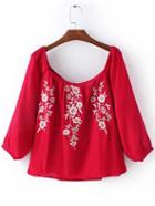 Shein Red Lantern Sleeve Flowers Embroidery Blouse
