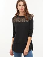 Shein Black Floral Lace Shoulder Curved Hem T-shirt