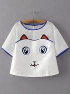Shein White Mesh Splicing Keyhole Back Cat Embroidery Blouse