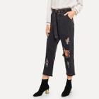 Shein Destructed Raw Hem Belted Jeans