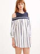 Shein Contrast Open Shoulder Striped Trim Combo Dress