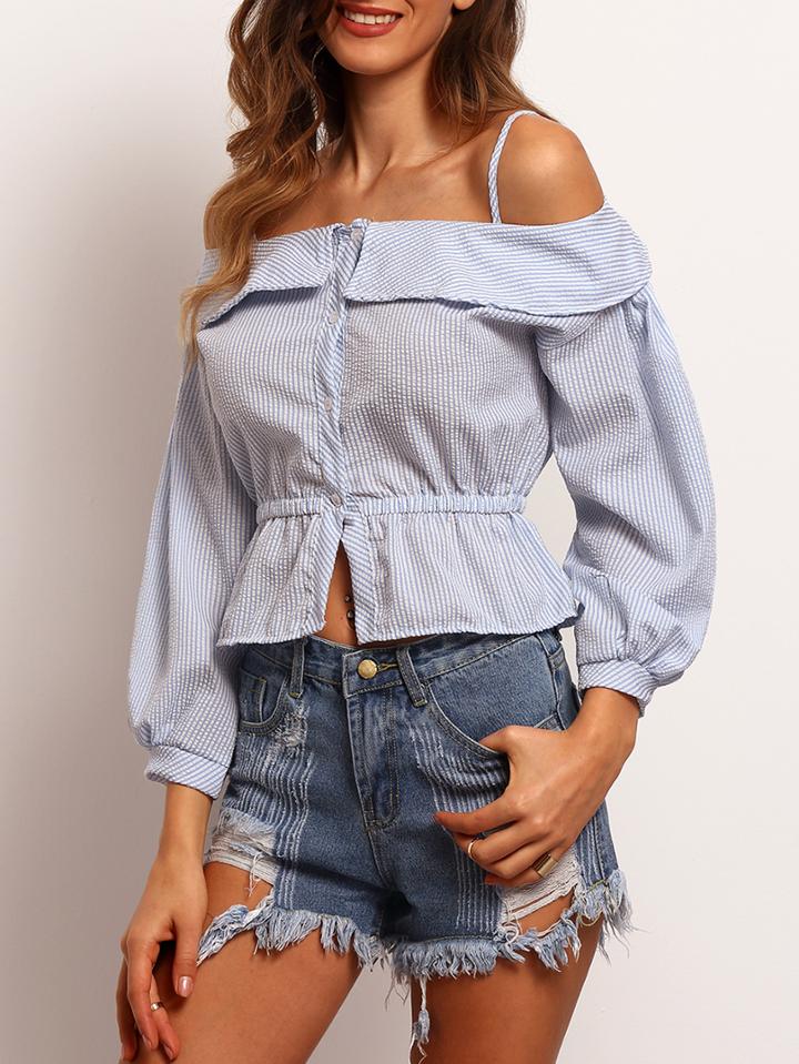 Shein Blue Cold Shoulder Ruffle Crop Blouse