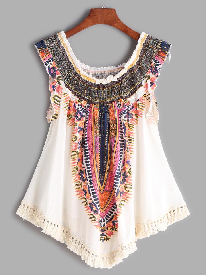 Shein Boat Neckline Printed Fringe Hem Shirred Top