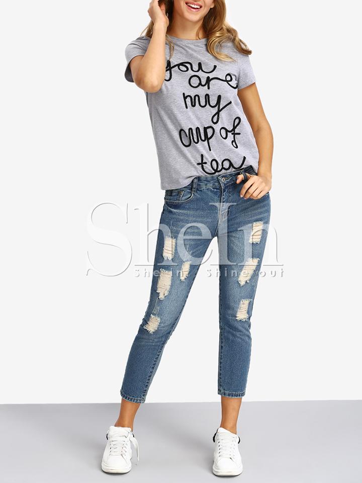 Shein Grey Crew Neck Letter Print Casual T-shirt