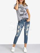 Shein Grey Crew Neck Letter Print Casual T-shirt