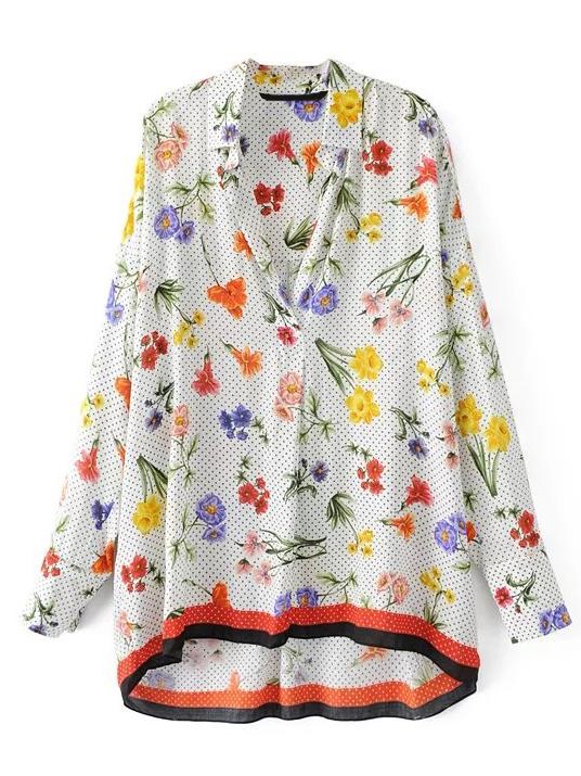 Shein White Floral Polka Dot High Low Blouse