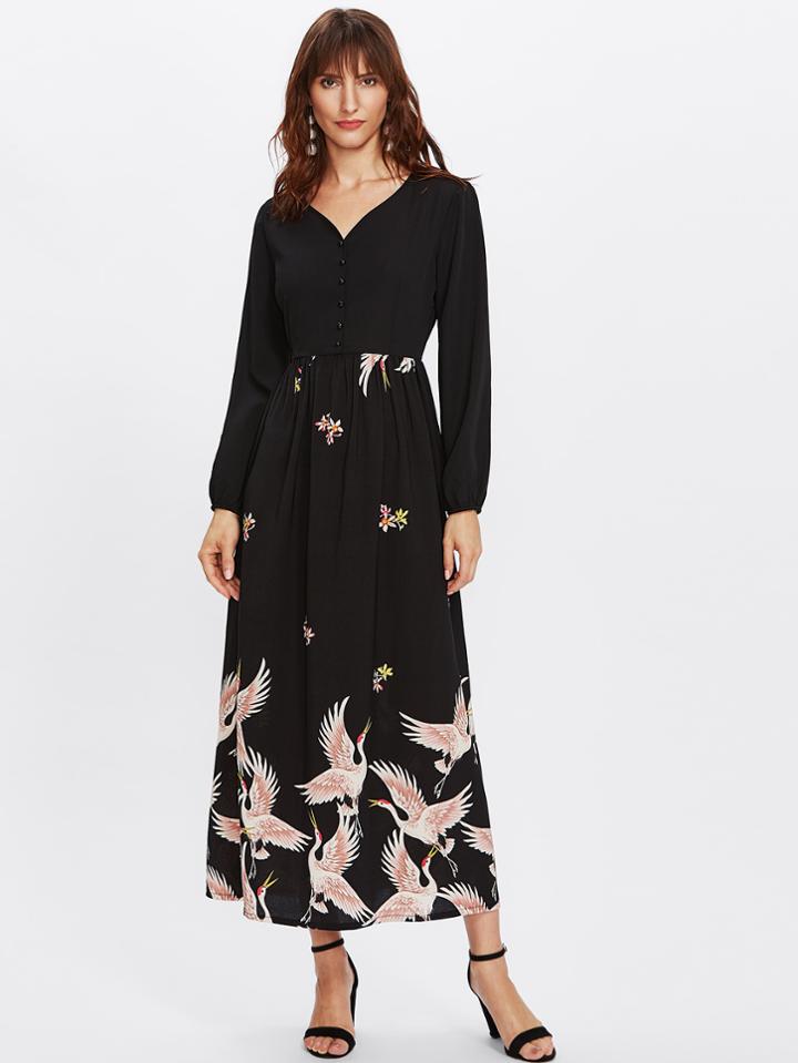 Shein Crane Bird Print Half Placket Dress