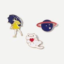 Shein Girl & Cat Brooch Set 3pcs