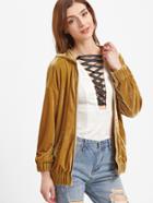 Shein Mustard Drop Shoulder Zip Up Velvet Hoodie
