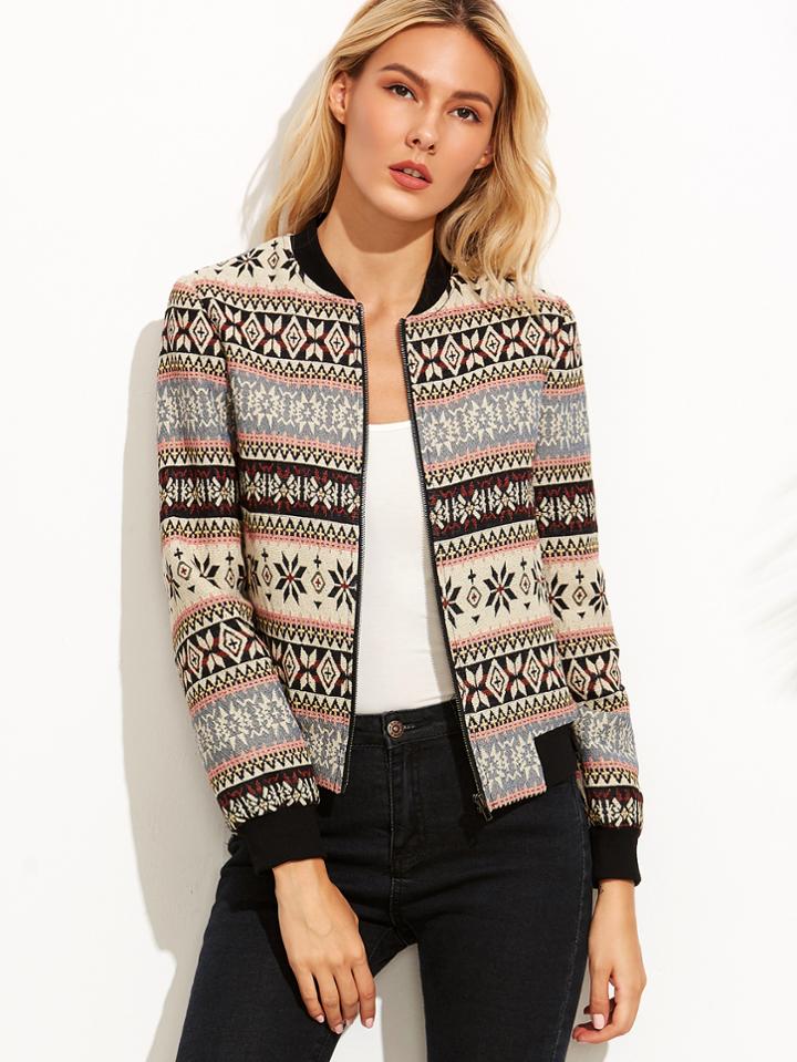 Shein Multicolor Tribal Jacquard Zip Up Bomber Jacket