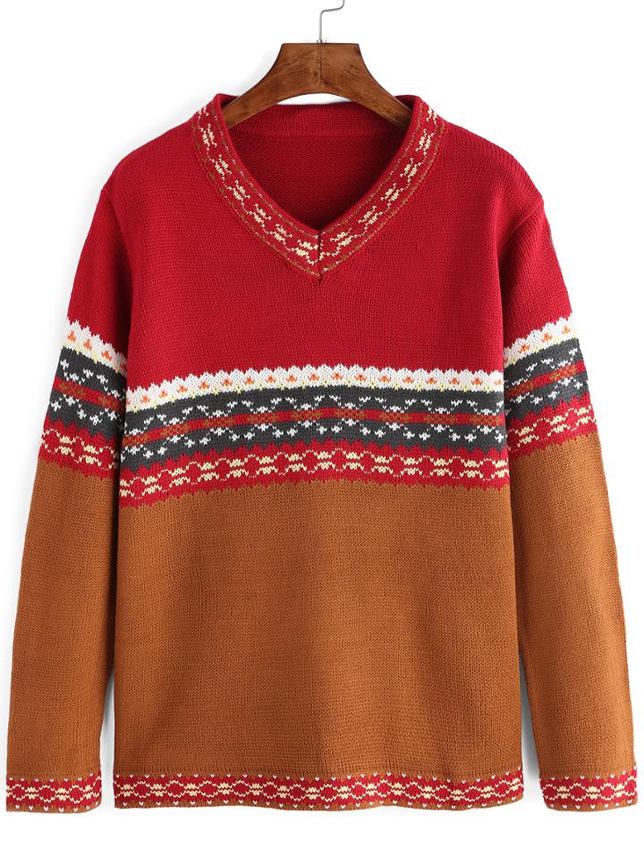 Shein Colour-block V Neck Tribal Print Sweater