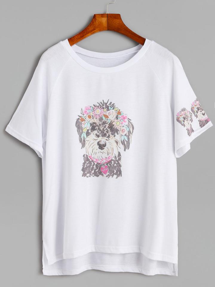 Shein White Dogs Print Slit Side Dip Hem T-shirt