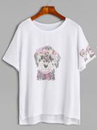 Shein White Dogs Print Slit Side Dip Hem T-shirt