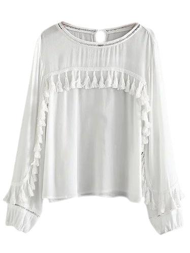 Shein White Lantern Sleeve Keyhole Back Fringe Blouse