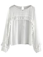 Shein White Lantern Sleeve Keyhole Back Fringe Blouse