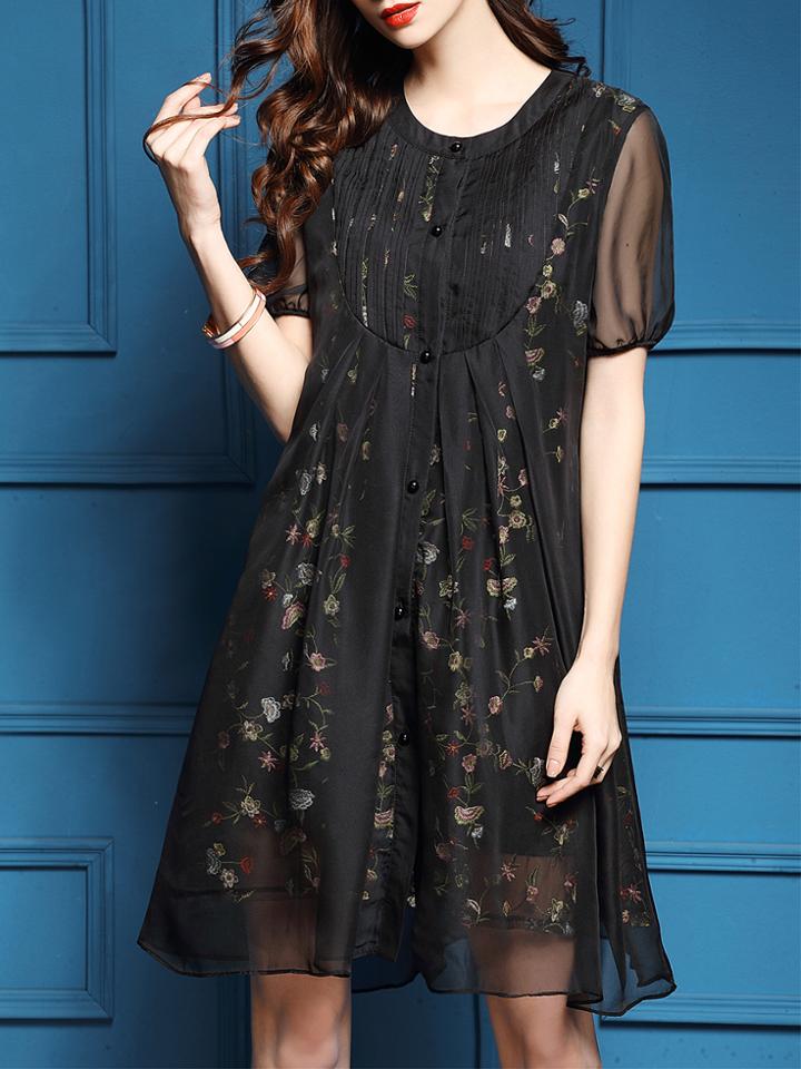 Shein Black Pleated Sheer Embroidered Dress