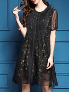 Shein Black Pleated Sheer Embroidered Dress