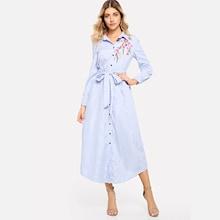 Shein Floral Embroidered Curved Hem Shirt Dress