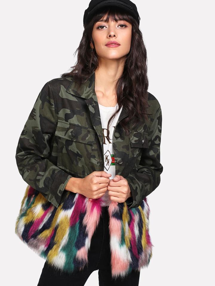 Shein Colorful Faux Fur Trim Camo Print Jacket
