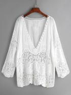 Shein Plunge Neck Embroidered Eyelet Crochet Lace Top