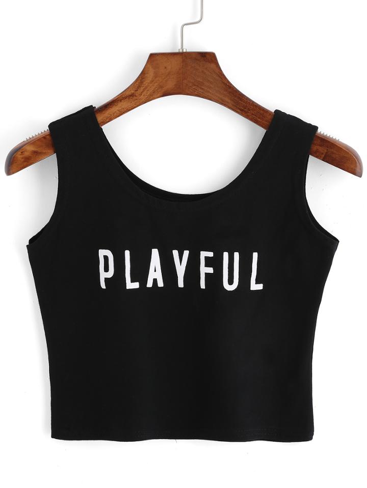 Shein Letters Print Crop Black Tank Top