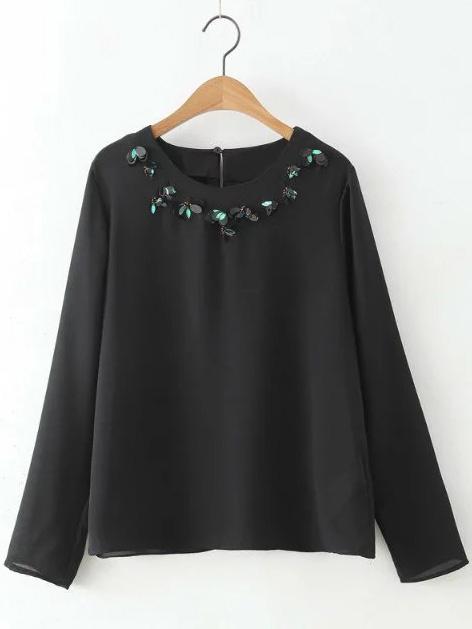 Shein Black Beadings Keyhole Back Chiffon Blouse