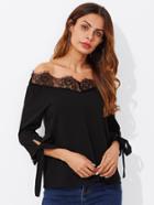 Shein Bow Tie Sleeve Lace Trim Bardot Top