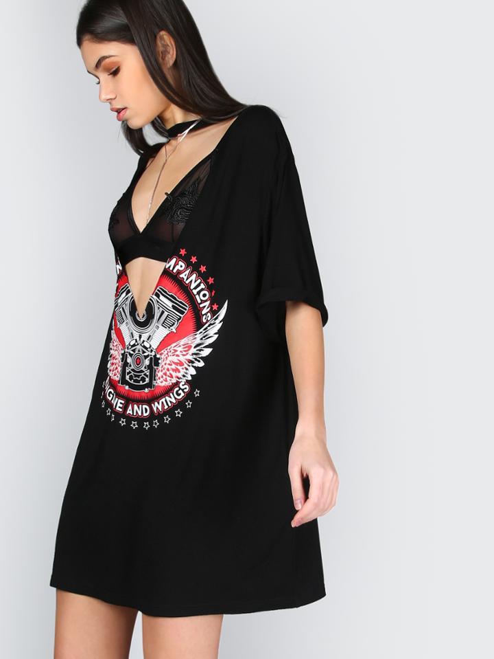 Shein Black Graphic Print Cutout Deep V Neck Tee Dress