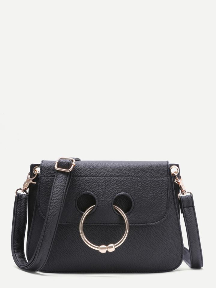 Shein Black Pebbled Leather Nose Ring Flap Shoulder Bag