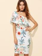 Shein White Botanical Print One Shoulder Ruffle Dress