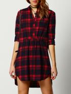 Shein Red Black Stand Collar Plaid Shirt Dress