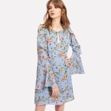 Shein Button Keyhole Neck Ruffle Trumpet Sleeve Dress