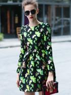 Shein Green Round Neck Long Sleeve Floral Print Dress