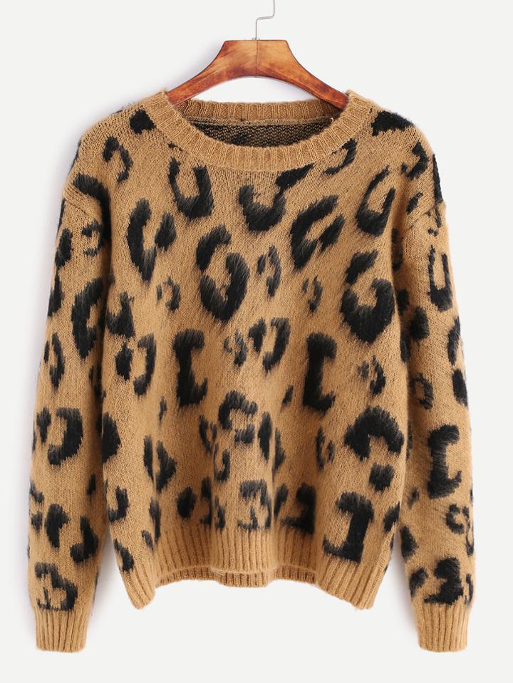 Shein Khaki Leopard Print Long Sleeve Sweater