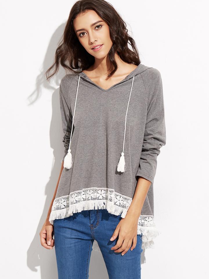 Shein Heather Grey Fringe Lace Trim Hooded Sweatshirt