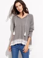 Shein Heather Grey Fringe Lace Trim Hooded Sweatshirt