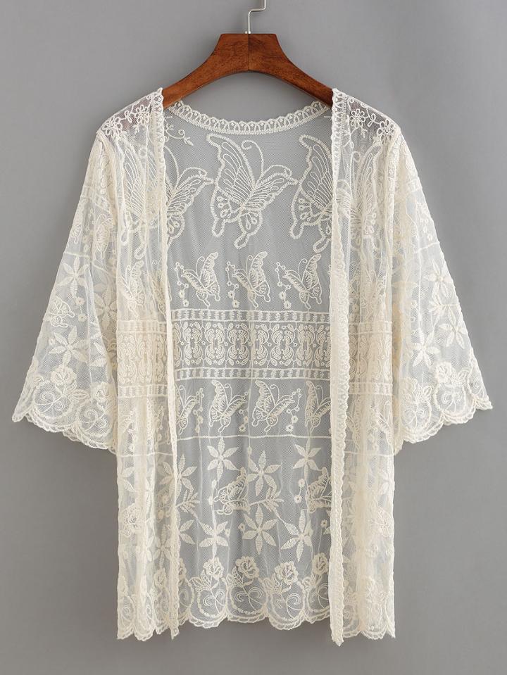 Shein Embroidered Mesh Open-front Top