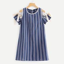 Shein Open Shoulder Striped Knot Cuff Dress