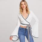 Shein Trumpet Sleeve Striped Tape Trim Tie Front Top
