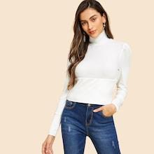Shein Puff Sleeve Rib-knit Slim Tee