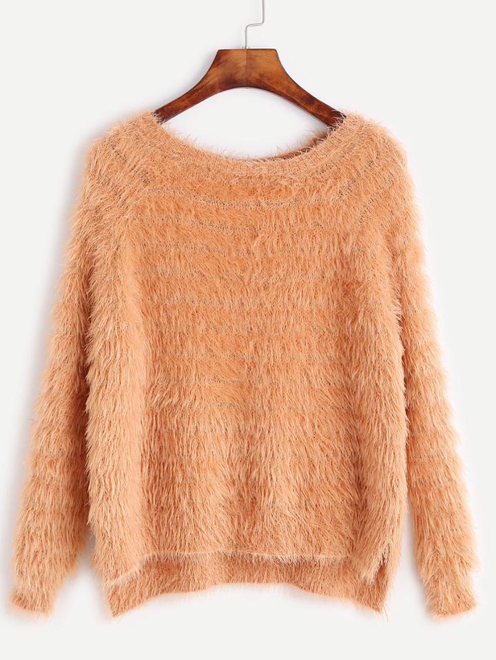 Shein Raglan Sleeve Slit Side High Low Fuzzy Sweater