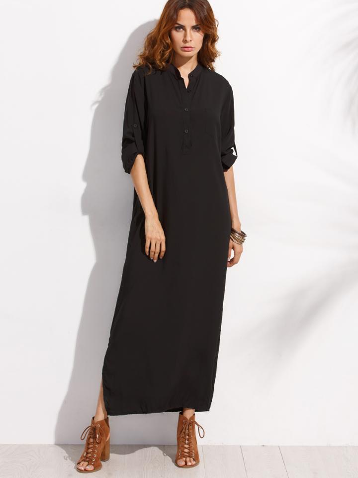 Shein Roll Sleeve Half Placket Shirt Dress