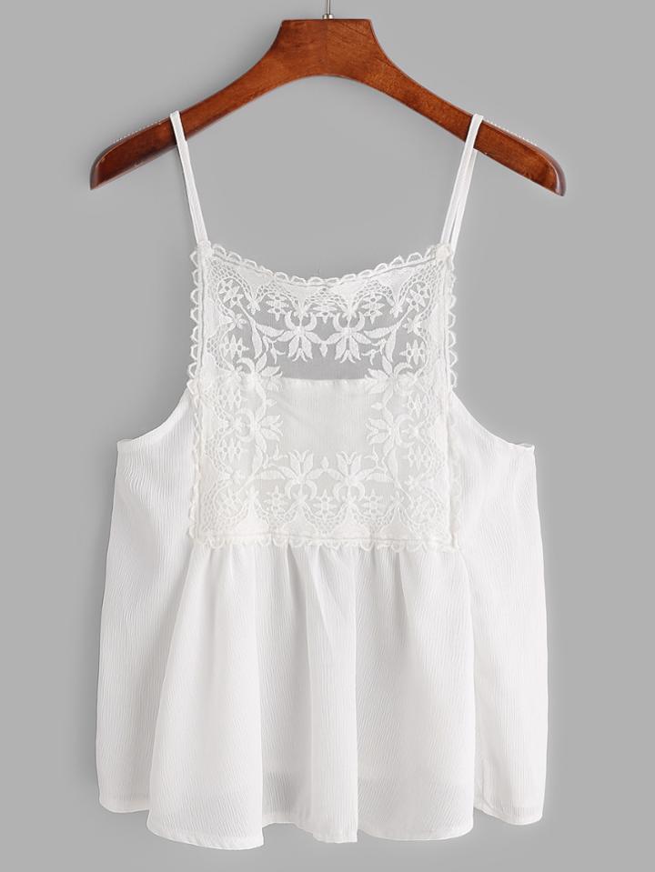 Shein White Contrast Flower Embroidered Mesh Cami Top