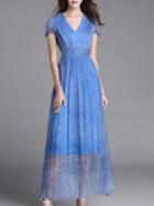 Shein Blue V Neck Pleated Maxi Dress