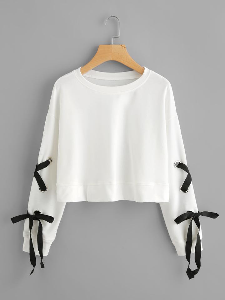 Shein Eyelet Lace Up Sleeve Crop Sweatshirt