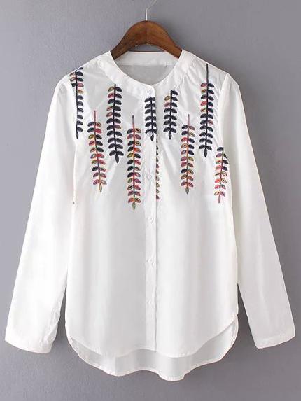 Shein White Stand Collar Leaves Embroidered Blouse