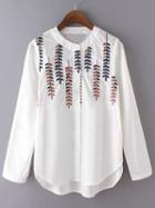Shein White Stand Collar Leaves Embroidered Blouse